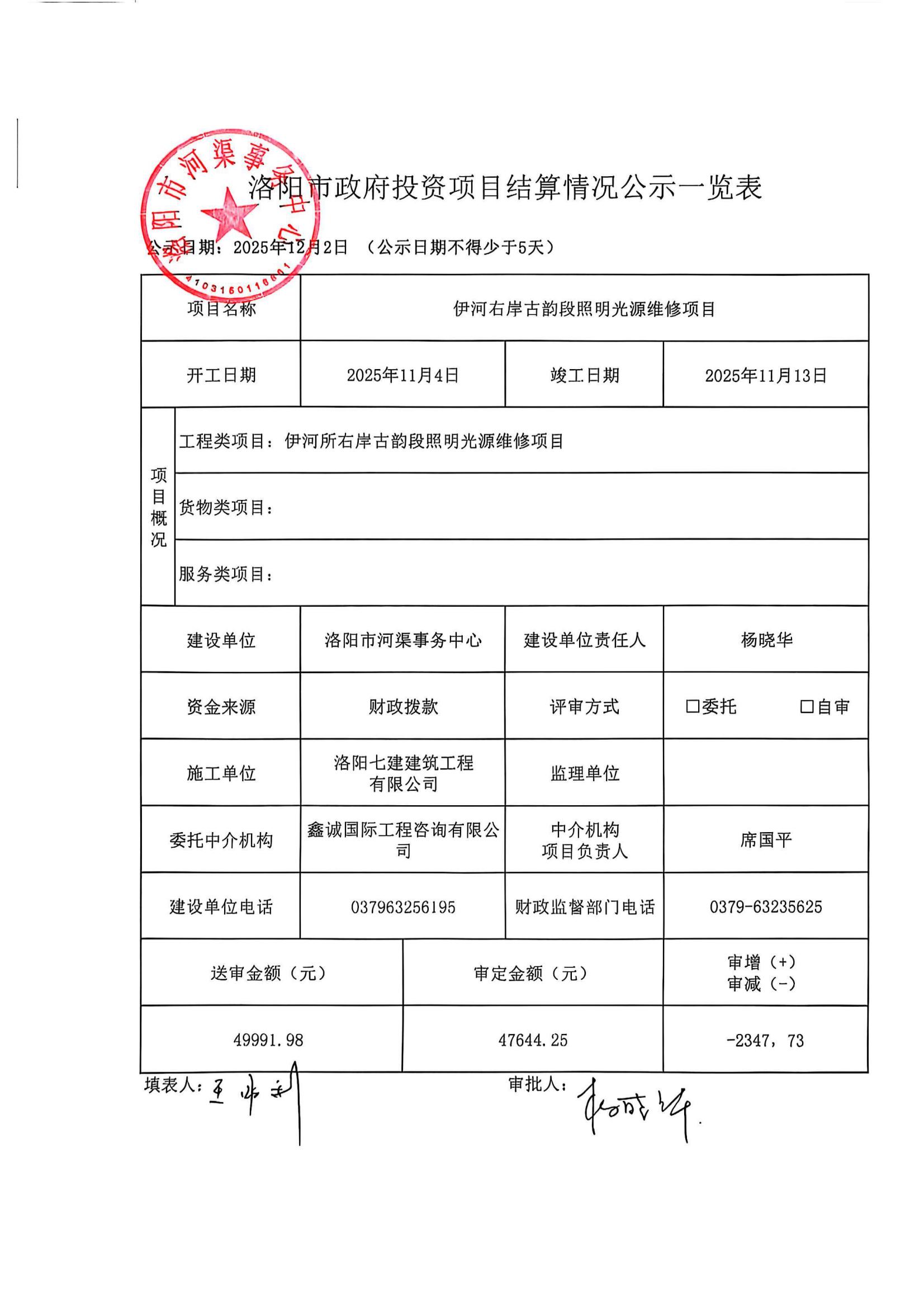 洛阳市政府投资项目结算情况公示一览表（伊河右岸古韵段照明光源维修项目）