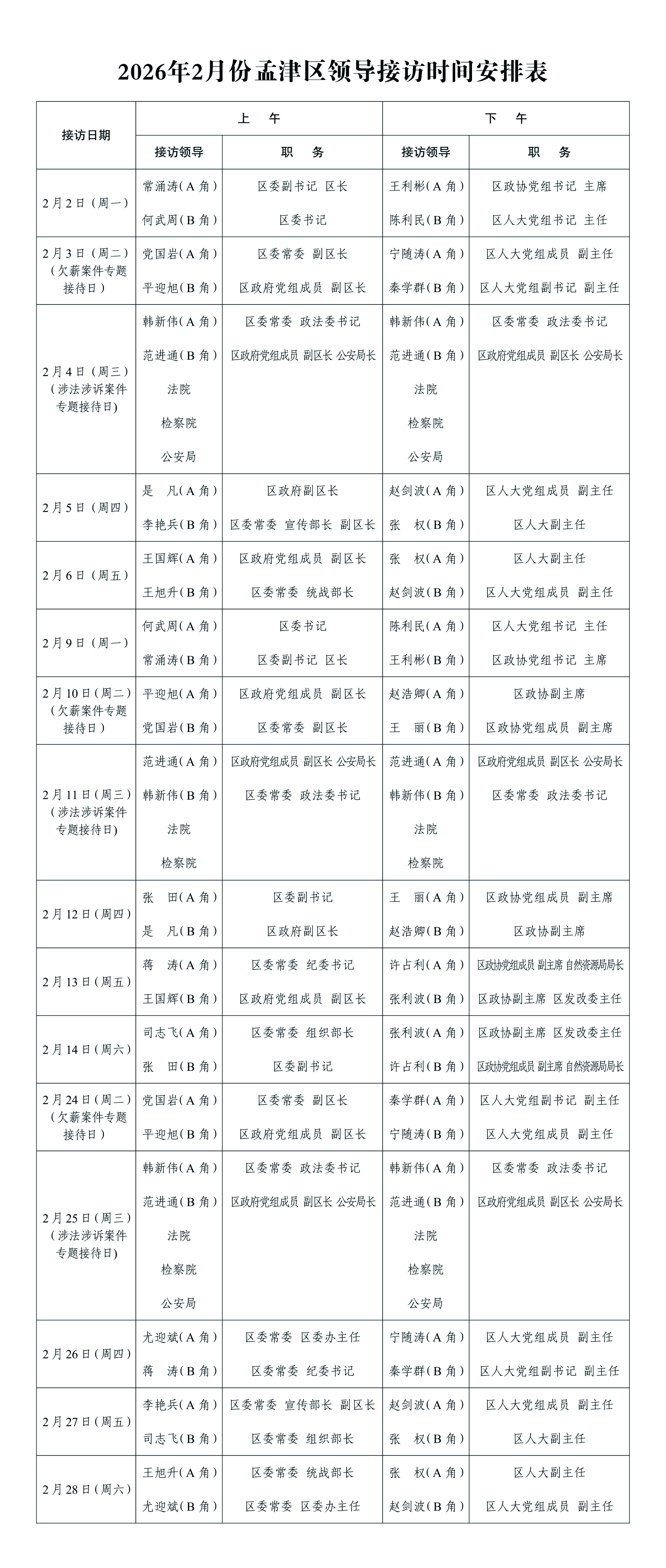 孟津区领导接访安排公示（2026年2月）