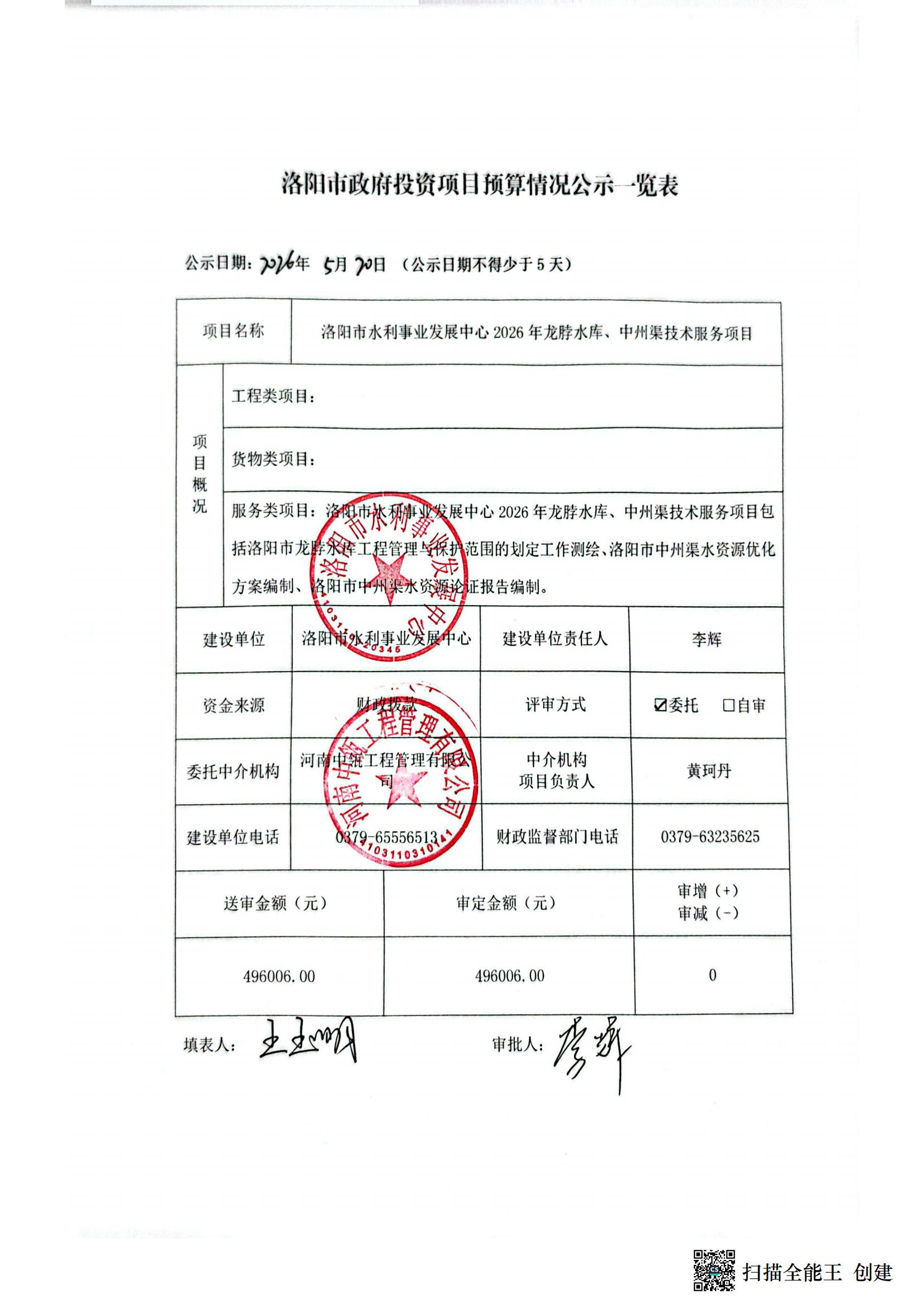 洛阳市政府投资项目预算公示一览表（洛阳市水利事业发展中心2026年龙脖水库、中州渠技术服务项目）