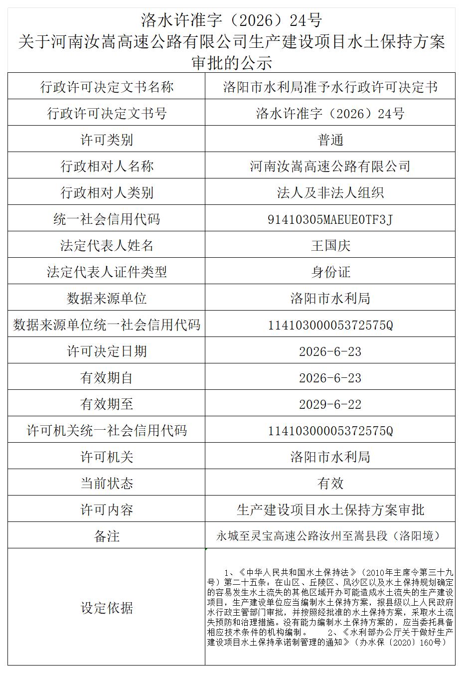 洛水许准字（2026）24号 关于河南汝嵩高速公路有限公司生产建设项目水土保持方案审批的公示