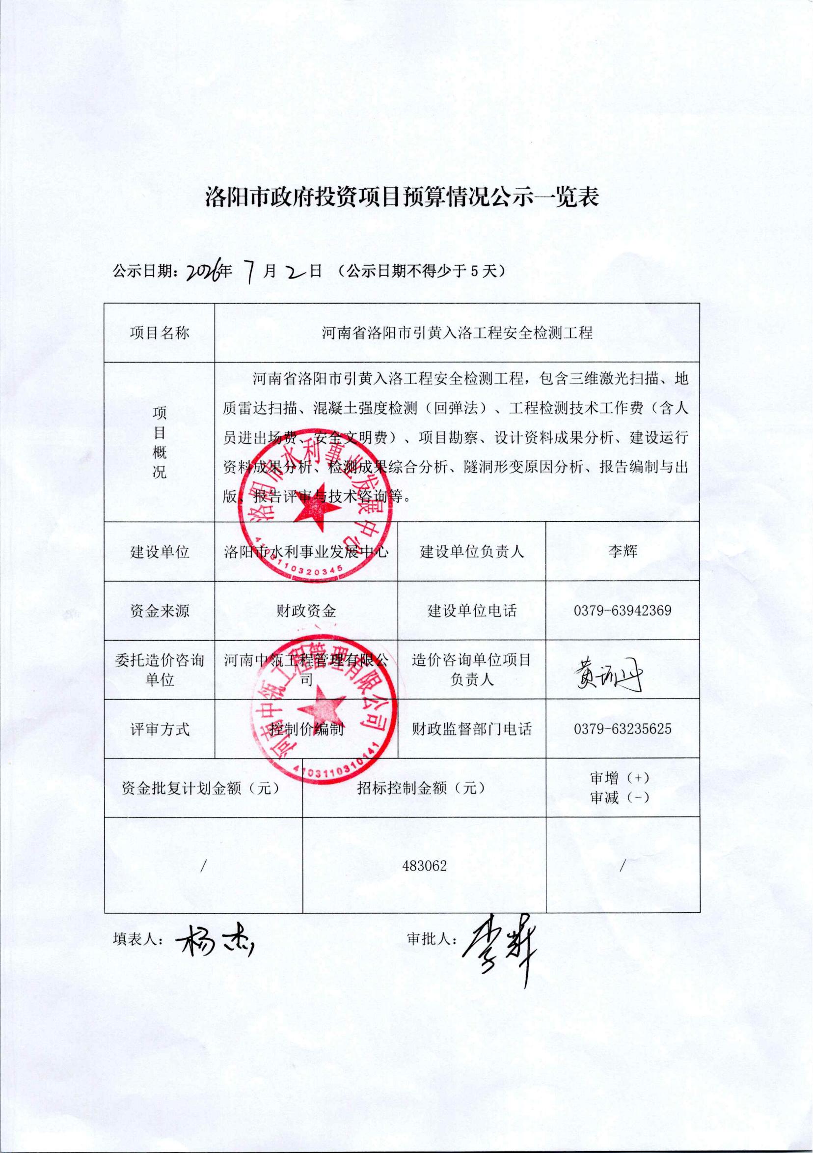 洛阳市政府投资项目预算情况公示一览表（河南省洛阳市引黄入洛工程安全检测工程）