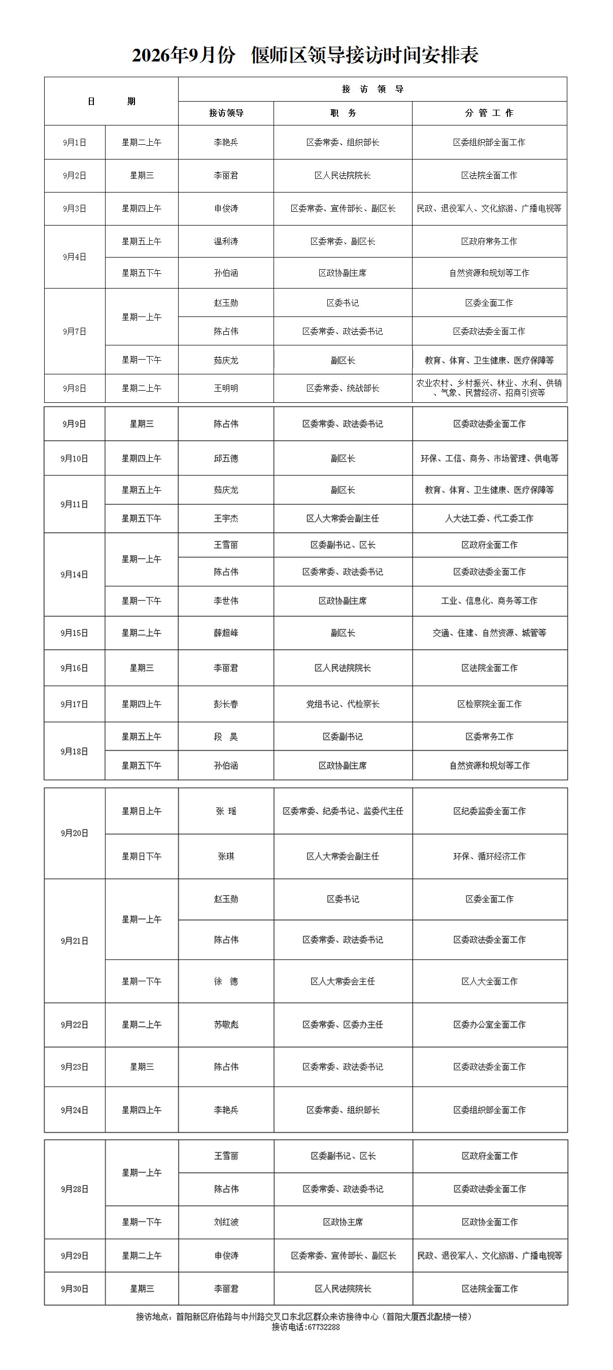 2026年9月份   偃师区领导接访时间安排表